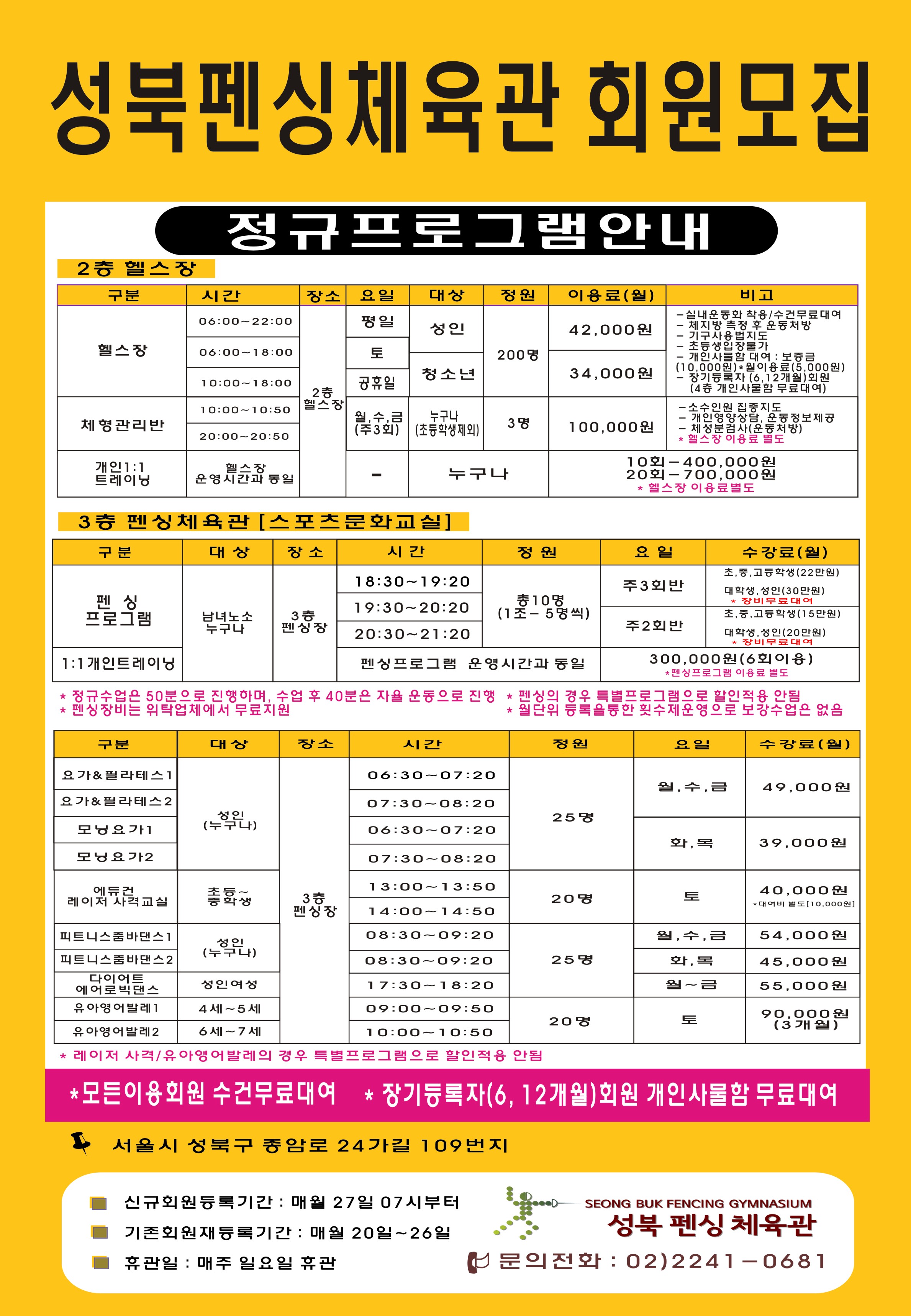 성북펜싱체육관 회원모집
정규프로그램안내

[2층 헬스장]

구분: 헬스장
시간: 평일 06:00~22:00, 토요일 06:00~18:00, 공휴일 10:00~18:00
장소: 2층 헬스장
대상: 성인, 청소년
정원: 200명
이용료(월): 성인 42,000원, 청소년 34,000원
비고: 실내운동화 착용/수건무료대여, 체지방 측정 후 운동처방, 기구사용법 지도, 초등생입장불가, 개인사물함 대여: 보증금(10,000원)*월이용료(5,000원), 장기등록자(6,12개월)회원 (4층 개인사물함 무료대여)

구분: 체형관리반
시간: 월,수,금 (주3회) 10:00~10:50 또는 20:00~20:50
장소: 2층 헬스장
대상: 누구나 (초등학생제외)
정원: 3명
이용료(월): 100,000원
비고: 소수인원 집중지도, 개인영양상담, 운동정보제공, 체성분검사(운동처방), 헬스장 이용료 별도

구분: 개인 1:1 트레이닝
시간: 헬스장 운영시간과 동일
대상: 누구나
정원: 누구나
이용료(월): 10회-400,000원 / 20회-700,000원 (헬스장 이용료 별도)

[3층 펜싱체육관(스포츠문화교실)]
구분: 펜싱 프로그램
대상: 남녀노소 누구나
장소: 3층 펜싱장
시간: 17:30~19:20 또는 19:30~20:20 또는 20:30~21:20
정원: 총10명 (1조-5명씩)
요일: 주3회반 / 수강료(월): 초,중,고등학생 (22만원), 대학생/성인(30만원) (장비무료대여)
요일: 주2회반 / 수강료(월): 초,중,고등학생 (15만원), 대학생/성인(20만원) (장비무료대여)

구분: 1:1개인트레이닝
대상: 남녀노소 누구나
장소: 3층 펜싱장
시간: 펜싱 프로그램 운영시간과 동일
요일/수강료(월): 300,000원 (6회 이용) (펜싱프로그램 이용료 별도)

정규수업은 50분으로 진행하며, 수업 후 40분은 자율 운동으로 진행
펜싱의 경우 특별프로그램으로 할인적용 안됨
펜싱장비는 위탁업체에서 무료지원
월단위 등록을 통한 횟수제운영으로 보강수업은 없음

구분/대상/장소/시간/정원/요일/수강료(월): 요가&필라테스1 / 성인 누구나 / 3층 펜싱장 / 06:30~07:20 / 25명 / 월,수,금 / 49,000원
구분/대상/장소/시간/정원/요일/수강료(월): 요가&필라테스2 / 성인 누구나 / 3층 펜싱장 / 07:30~08:20 / 25명 / 월,수,금 / 49,000원
구분/대상/장소/시간/정원/요일/수강료(월): 모닝요가1 / 성인 누구나 / 3층 펜싱장 / 06:30~07:20 / 25명 / 화,목 / 39,000원
구분/대상/장소/시간/정원/요일/수강료(월): 모닝요가2 / 성인 누구나 / 3층 펜싱장 / 07:30~08:20 / 25명 / 화,목 / 39,000원
구분/대상/장소/시간/정원/요일/수강료(월): 에듀건 레이저 사격교실 / 초등~중학생 / 3층 펜싱장 / 13:00~13:50 또는 14:00~14:50 / 20명 / 토 / 40,000원 (대여비 별도 10,000원)
구분/대상/장소/시간/정원/요일/수강료(월): 피트니스 줌바댄스1 / 성인 누구나 / 3층 펜싱장 / 08:30~09:20 / 25명 / 월,수,금 / 54,000원
구분/대상/장소/시간/정원/요일/수강료(월): 피트니스 줌바댄스2 / 성인 누구나 / 3층 펜싱장 / /08:30~09:20 / 25명 / 화,목 / 45,000원
구분/대상/장소/시간/정원/요일/수강료(월): 다이어트 에어로빅댄스 / 성인여성 / 3층 펜싱장 / 17:30~18:20 / 25명 / 월~금 / 55,000원
구분/대상/장소/시간/정원/요일/수강료(월): 유아영어발레1 / 4세~5세 / 3층 펜싱장 / 09:00~09:50 / 20명 / 토 / 90,000원 (3개월)
구분/대상/장소/시간/정원/요일/수강료(월): 유아영어발레2 / 6세~7세 / 3층 펜싱장 / 10:00~10:50 / 20명 / 토 / 90,000원 (3개월)
레이저 사격/유아영어발레의 경우 특별프로그램으로 할인적용 안됨

모든이용회원 수건무료대여
장기등록자 (6,12개월) 회원 개인사물함 무료대여
서울시 성북구 종암로 24가길 109번지
신규회원등록기간: 매월 27일 07시부터
기존회원재등록기간: 매월20일~26일
휴관일: 매주 일요일 휴관
성북펜싱체육관
문의전화: 02-2241-0681

